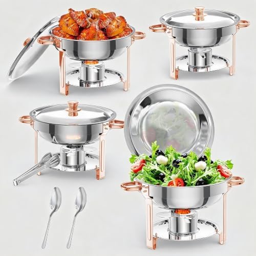 4PCS Superior 5QT Stainless Steel Round Chafing Dish Buffet Set, Lid Holder, Spoon & Tweezers, Portable Food
