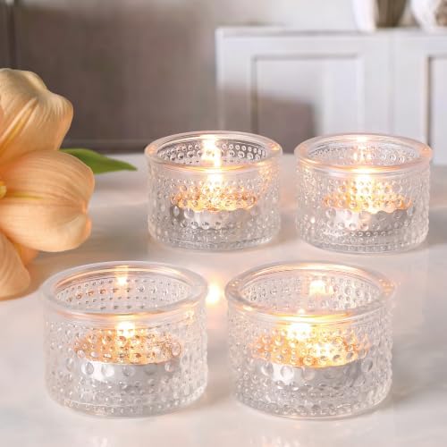 4PCS Votive Candle Holders, Clear Tealight Candle Holder Glass for Table Centerpiece, Polka Dot Glass Candle