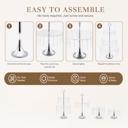 4PCS Wedding Cake Stands Set, Rectangular and Round Glass Cupcake Holder, Clear Crystal Dessert Display Stands, alternate