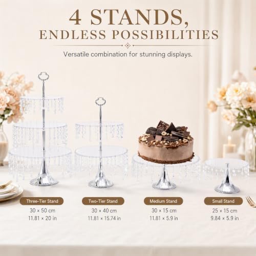 4PCS Wedding Cake Stands Set, Rectangular and Round Glass Cupcake Holder, Clear Crystal Dessert Display Stands, alternate