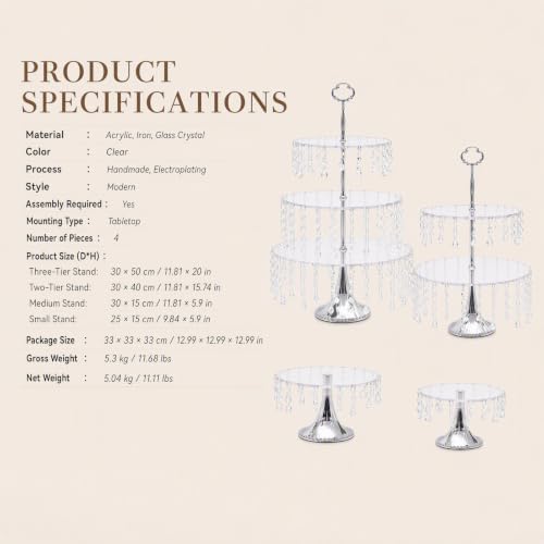 4PCS Wedding Cake Stands Set, Rectangular and Round Glass Cupcake Holder, Clear Crystal Dessert Display Stands, alternate