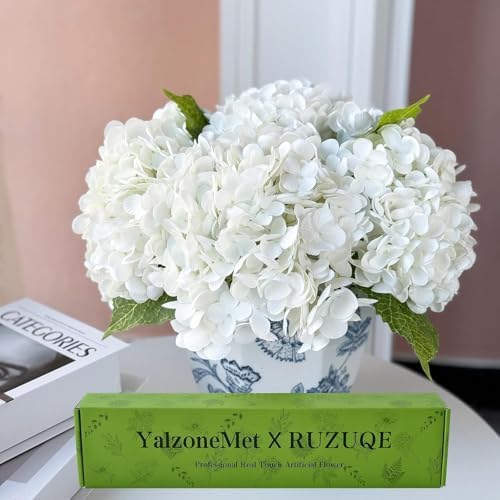 4Pcs White Hydrangea Artificial Flower Natural Lifelike Real Touch 21'' Long Stem Hydrangea Latex Flower