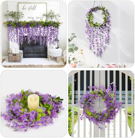 4Pcs Wisteria Artificial Flower Garland 6.9Ft Purple Wisteria Vine Silk Hanging Flowers Fake Rattan Floral Decor, alternate