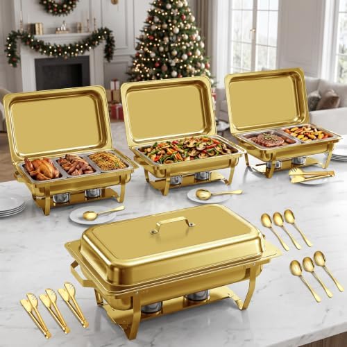 4PK 9Qt Gold Chafing Dishes for Buffet +12 Serving Utensils