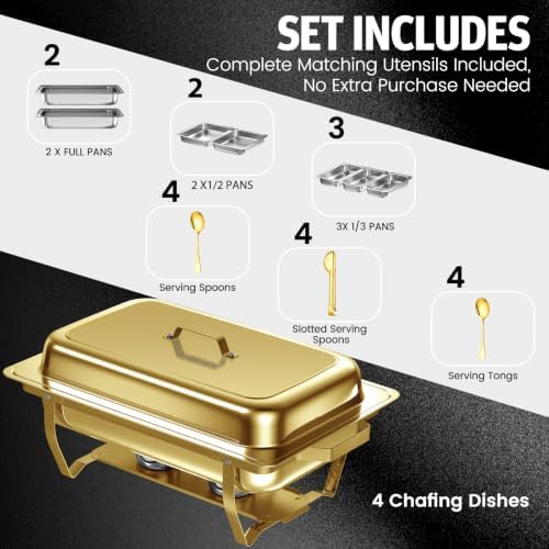 4PK 9Qt Gold Chafing Dishes for Buffet +12 Serving Utensils, alternate view 2