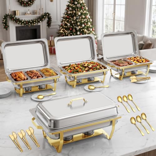 4PK 9Qt Half Gold Chafing Dishes for Buffet +12 Serving Utensils