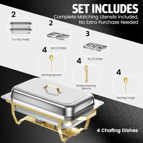 4PK 9Qt Half Gold Chafing Dishes for Buffet +12 Serving Utensils, alternate view 2