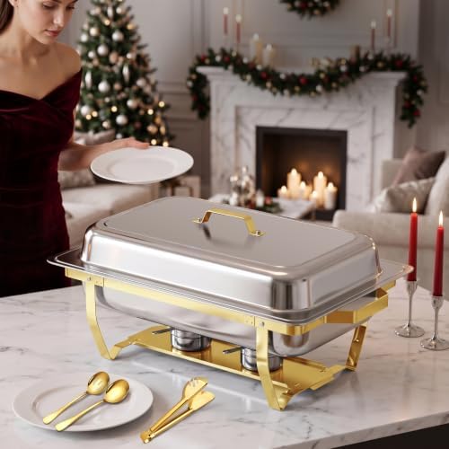 4PK 9Qt Half Gold Chafing Dishes for Buffet +12 Serving Utensils, alternate view 5