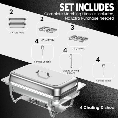 4PK 9Qt Silver Chafing Dishes for Buffet + 12 Serving Utensils, alternate view 2