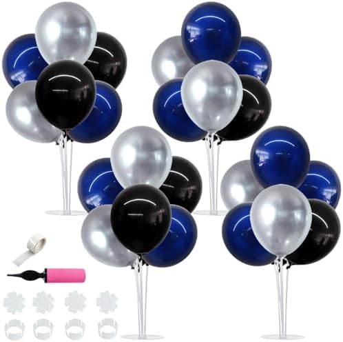 4Set Black Blue Silver Balloon Stand Balloon Centerpieces for Table in 4 Count (Pack of 1) in Metallic Blue