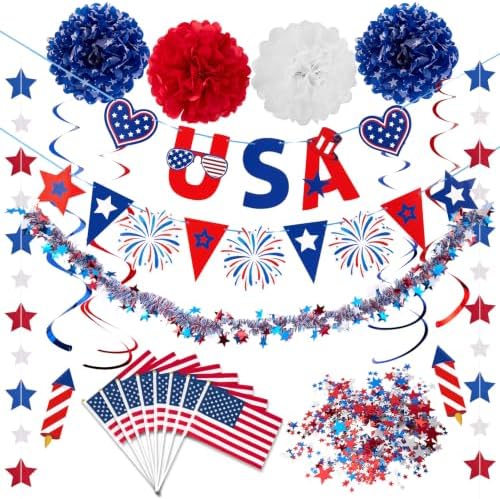 4th/Fourth of July Decorations Set, Patriotic Decorations, Red White and Blue Decors, with Pre-strung Banners