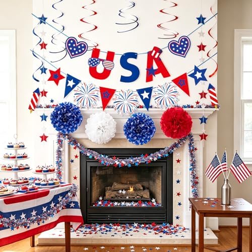 4th/Fourth of July Decorations Set, Patriotic Decorations, Red White and Blue Decors, with Pre-strung Banners, alternate view