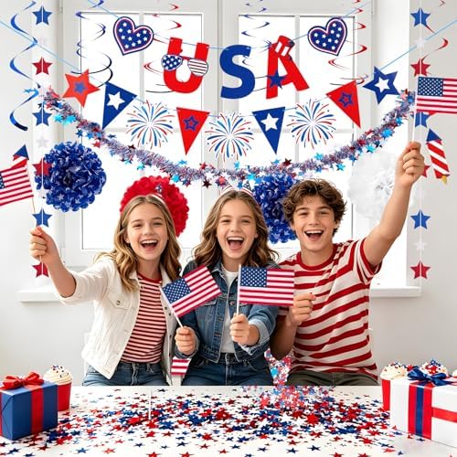 4th/Fourth of July Decorations Set, Patriotic Decorations, Red White and Blue Decors, with Pre-strung Banners, alternate view