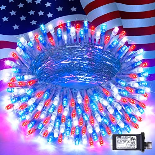4th of July Decorations, 33ft 100 LED Red White and Blue Lights in Red White Blue
