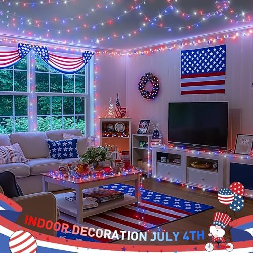 4th of July Decorations, 33ft 100 LED Red White and Blue Lights in Red White Blue, alternate view 4