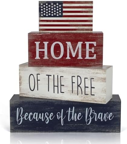 4th of July Decorations, 4 Sets Patriotic Wooden Block Table Centerpieces, Red White Blue Independence Day