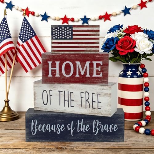 4th of July Decorations, 4 Sets Patriotic Wooden Block Table Centerpieces, Red White Blue Independence Day, alternate view 5