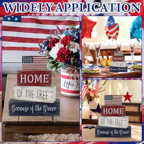 4th of July Decorations, 4 Sets Patriotic Wooden Block Table Centerpieces, Red White Blue Independence Day, alternate view 7
