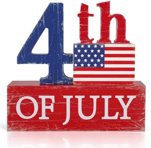 4th of July Decorations, 4 Sets Patriotic Wooden Block Table Centerpieces, Red White Blue Independence Day