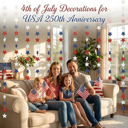 4th of July Decorations - Patriotic Star Garland | Red White Blue Streamers Banner - Memorial Day Fourth of July, alternate