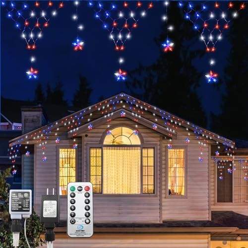 4th of July Lights 13.8ft 200 LED Red White Blue Net Lights with 12 Stars,8 Modes Curtain Lights with Remote