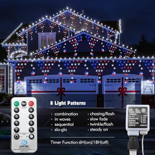 4th of July Lights 13.8ft 200 LED Red White Blue Net Lights with 12 Stars,8 Modes Curtain Lights with Remote, alternate view