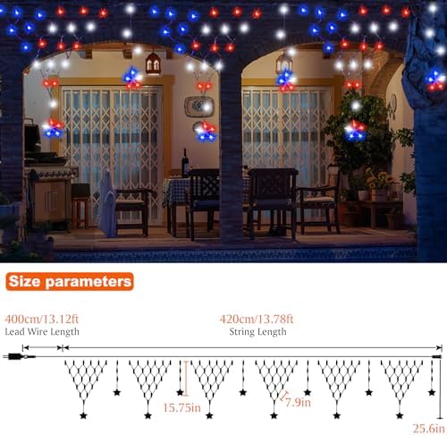 4th of July Lights 13.8ft 200 LED Red White Blue Net Lights with 12 Stars,8 Modes Curtain Lights with Remote, alternate view