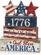 4th of July Table Decorations Patriotic Memorial Day Tiered Tray Decor Wooden Star Block Signs Independence