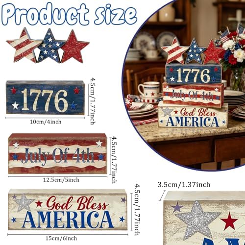 4th of July Table Decorations Patriotic Memorial Day Tiered Tray Decor Wooden Star Block Signs Independence, alternate view 2