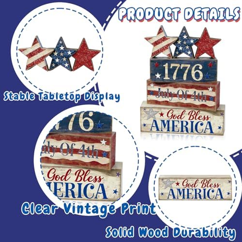 4th of July Table Decorations Patriotic Memorial Day Tiered Tray Decor Wooden Star Block Signs Independence, alternate view 3