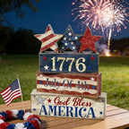 4th of July Table Decorations Patriotic Memorial Day Tiered Tray Decor Wooden Star Block Signs Independence, alternate view 4