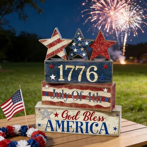 4th of July Table Decorations Patriotic Memorial Day Tiered Tray Decor Wooden Star Block Signs Independence, alternate view 4