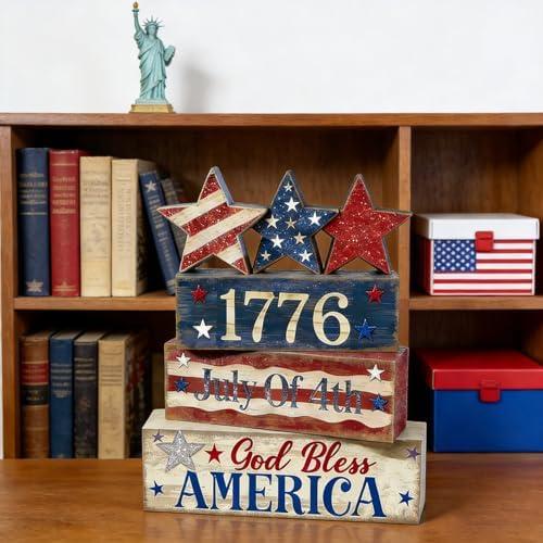 4th of July Table Decorations Patriotic Memorial Day Tiered Tray Decor Wooden Star Block Signs Independence, alternate view 5