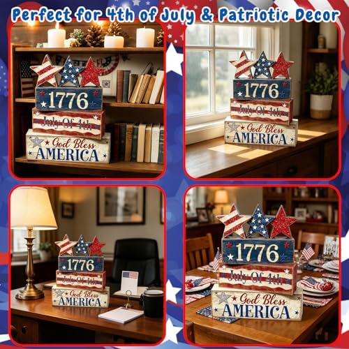 4th of July Table Decorations Patriotic Memorial Day Tiered Tray Decor Wooden Star Block Signs Independence, alternate view 6