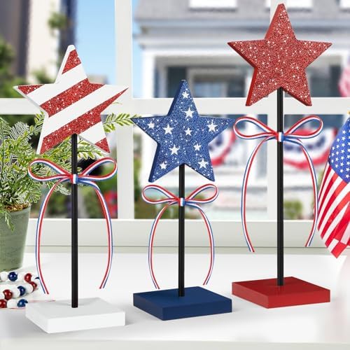 4th of July Tiered Tray Decor Wooden Star Set 3 PCS Labor Day Table Decor, alternate view 2