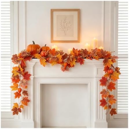 5.2 FT Artificial Fall Garland with Pumpkins and Maple Leaves, Autumn Garland for Mantel, Fireplace, Front Door
