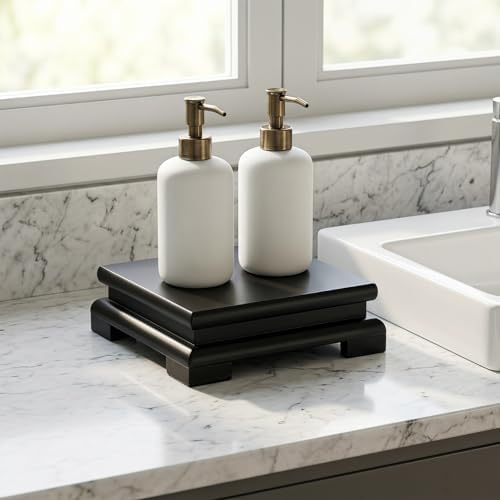 5.9" Black Wood Riser for Decor, Square Bathroom Counter Organizer Tray, Wooden Pedestal Stand for Kitchen Soap, alternate