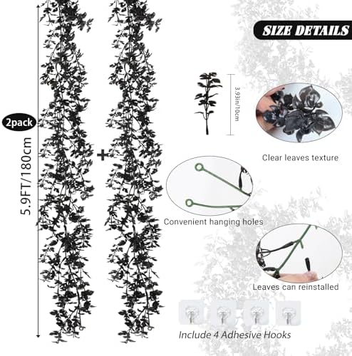 5.9FT Black Artificial Monstera Leaves Garland Hanging Vine 2Pcs, alternate view 3