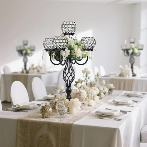 5-Arm Crystal Candelabra Centerpiece 23.2" Tall - Elegant Candle Holder Stand with Crystal Bowl, Chic Table, alternate view 2