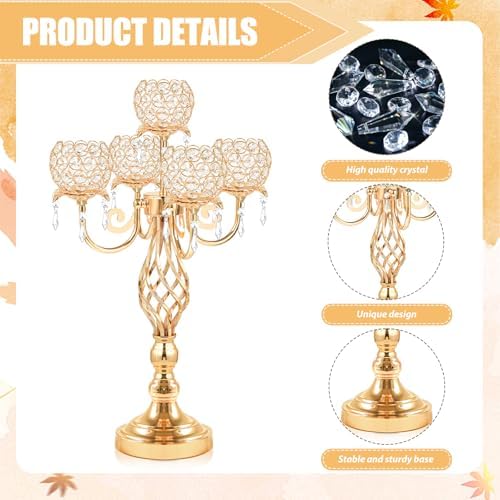 5-Arm Crystal Candelabra Centerpiece 23.2" Tall - Elegant Candle Holder Stand with Crystal Bowl, Chic Table, alternate view 4