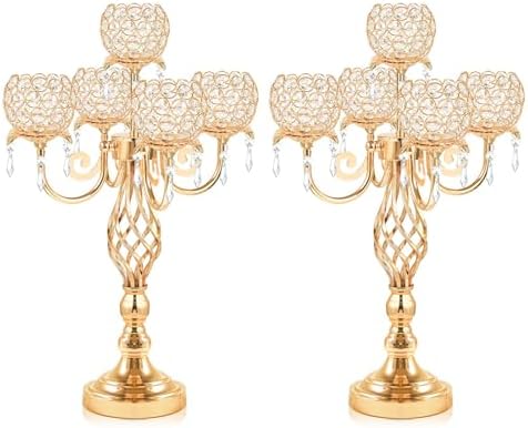 5-Arm Crystal Candelabra Centerpiece 23.2" Tall - Elegant Candle Holder Stand with Crystal Bowl, Chic Table
