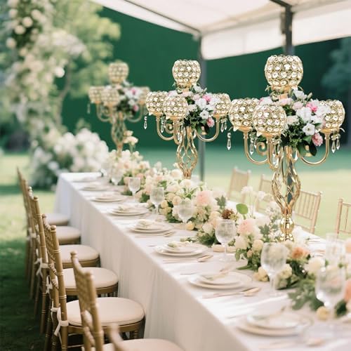 5-Arm Crystal Candelabra Centerpiece 23.2" Tall - Elegant Candle Holder Stand with Crystal Bowl, Chic Table, alternate view 2