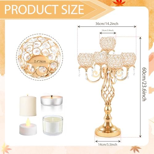 5-Arm Crystal Candelabra Centerpiece 23.2" Tall - Elegant Candle Holder Stand with Crystal Bowl, Chic Table, alternate view 3