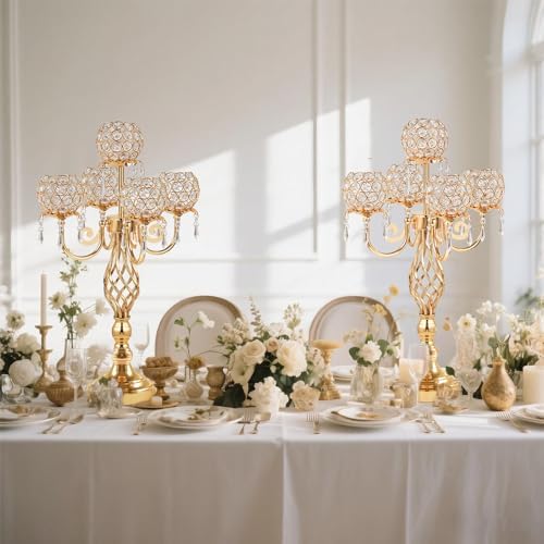 5-Arm Crystal Candelabra Centerpiece 23.2" Tall - Elegant Candle Holder Stand with Crystal Bowl, Chic Table, alternate view 6