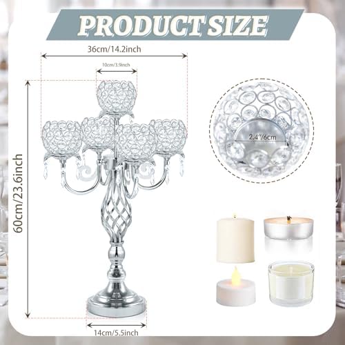5-Arm Crystal Candelabra Centerpiece 23.2" Tall - Elegant Candle Holder Stand with Crystal Bowl, Chic Table, alternate view 3