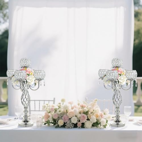 5-Arm Crystal Candelabra Centerpiece 23.2" Tall - Elegant Candle Holder Stand with Crystal Bowl, Chic Table, alternate view 5