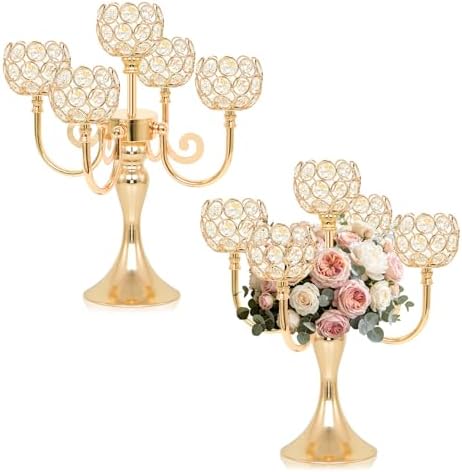 5 Arm Metal Crystal Candelabra Centerpiece - 13.4 Inch Elegant Candle Holder with Crystal Beads for Wedding