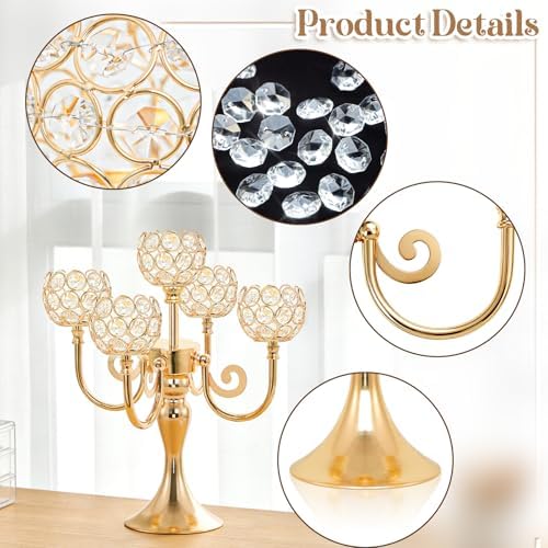 5 Arm Metal Crystal Candelabra Centerpiece - 13.4 Inch Elegant Candle Holder with Crystal Beads for Wedding, alternate view 4
