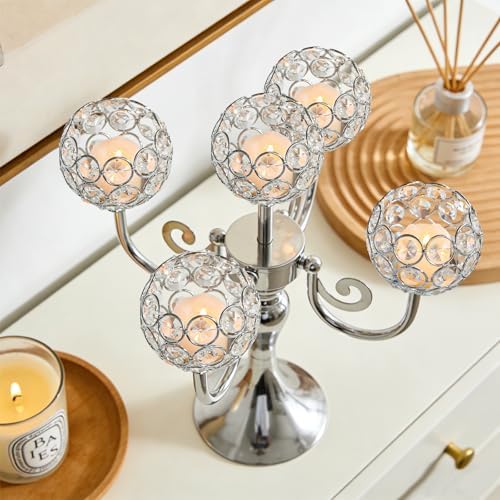5 Arm Metal Crystal Candelabra Centerpiece - 13.4 Inch Elegant Candle Holder with Crystal Beads for Wedding, alternate view 2