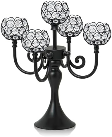5 Arm Metal Crystal Candelabra Centerpiece - 13.4 Inch Elegant Candle Holder with Crystal Beads for Wedding